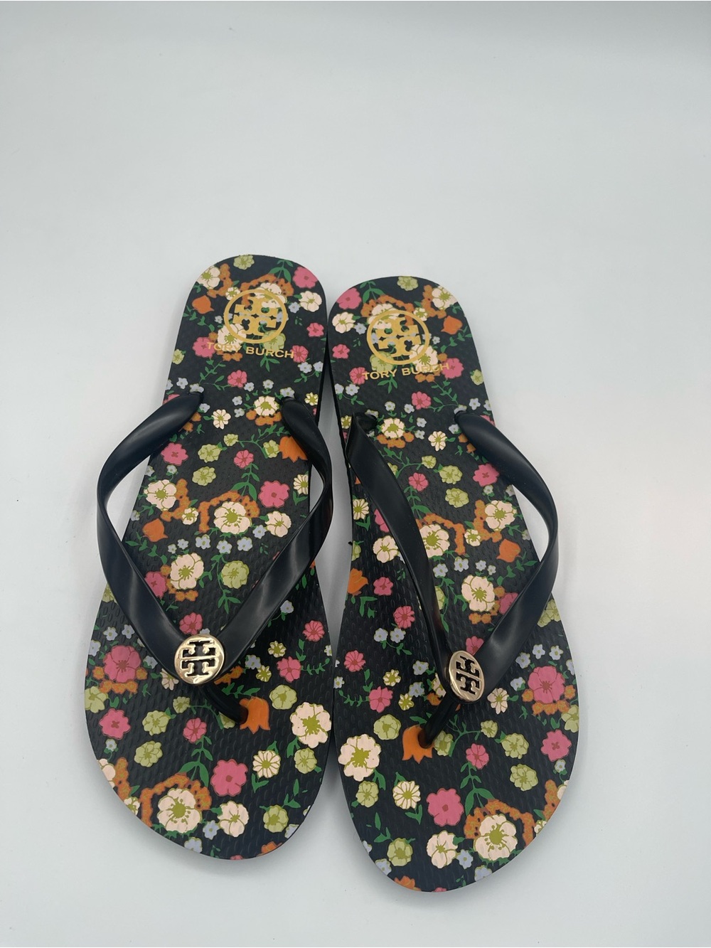 Tory Burch Black Floral Logo Thong Sandals